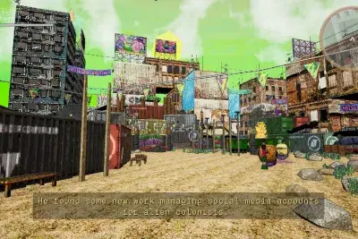 A gritty pixelated city scape of buildings, shipping containers, and less expected objects: giant animated heads, a big orange flame. Colorful pendants, billboards, and banners crisscross a sickly green sky. At the bottom of the screen, text reads, “He found some new work managing social media accounts for alien colonists.” The upper left corner indicates the name of the neighborhood, “So-Tep Slums,” and the upper right corner includes a navigation map.