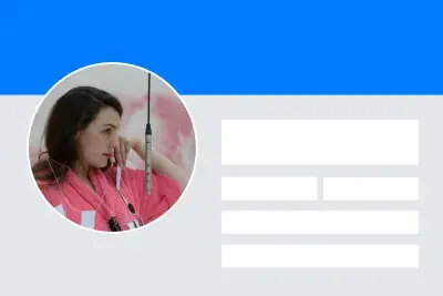 Visual graphic created to echo a Facebook page with a blue bar across the top, a gray background and the artist headshot image for Anne Le Troter in the shape of a circle on the left hand side.