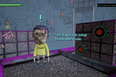 Digital rendering of a dark room with a large stereo-like box on the right side and a glum looking figure wearing a bright yellow sweatshirt with the word &quot;Depression&quot; on the front and a blue exclamation point looming above. The text reads &quot;See if you can jump to the other side. He'll give you instructions.&quot;