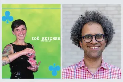 Graphic with two headshot images. The left image shows a person in a black top holding playing cards against a bright green background. The right image shows person in a pink collard shirt with curly short hair and a big smile.