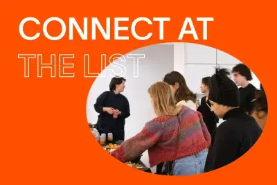 Bright red background with white text that reads &quot;CONNECT AT THE LIST.&quot; In the center, there is a round image of people in conversation standing in a small group near a table with food within a lobby space.