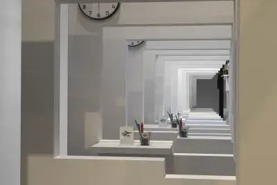 A series of white walls with a window cutout that has a view of the next white wall with a window cutout. There is a cup with office supplies on the window ledge of each wall.