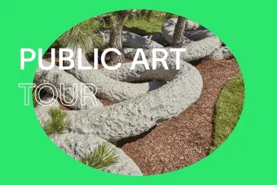 Bright green background with white text that reads &quot;Public Art Tour.&quot; In the center, there is an oval image of large granite rings around the base of pine trees in a much bed with a little bit of grass peaking through on the right edge.