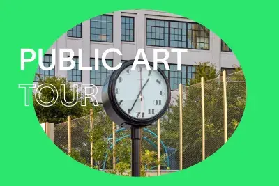 Bright green background with white text that reads &quot;Public Art Tour.&quot; In the center, there is an oval image of a black freestanding clock with a restrained modern design.