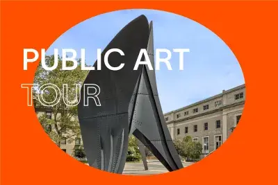 Bright red background with white text that reads &quot;Public Art Tour.&quot; In the center, there is an oval image of large steel sculpture in a courtyard with trees and buildings in the background..