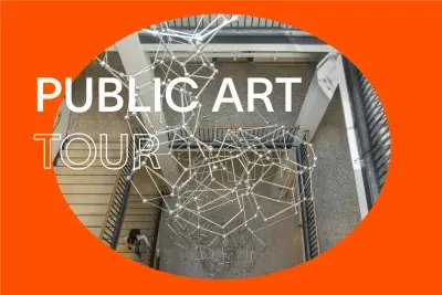 Bright red background with white text that reads &quot;Public Art Tour.&quot; In the center, there is an oval image of sculpture made of thirty-three stainless steel polyhedrons reaching from the floor of the Simons Building to the skylight four stories above.
