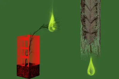 Digital rendering of tree bark crying a neon green tear drop on the right side overlayed on a dark green background. A bright red rectangular cube encasing a tree crying a neon green tear with the root system below.