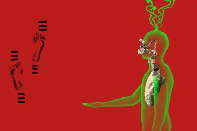 Bright red background with a neon green figure facing the left with their arm out in front. Two black footprints can be seen on the left-hand side.