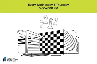 Digital graphic with a black and white drawing of a building with a chess board pattern on the side of the building. A collection of four chess pieces are above the building and the queen is winking. A bright green banner at the top with black text. Text reads &quot;Wednesdays and Thursdays 5:00–7:00PM