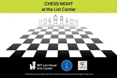 Bright green banner along the top above a chess board with a row of chess pieces and a black banner at the bottom. The black text on the green banner reads "CHESS NIGHT at the List Center"