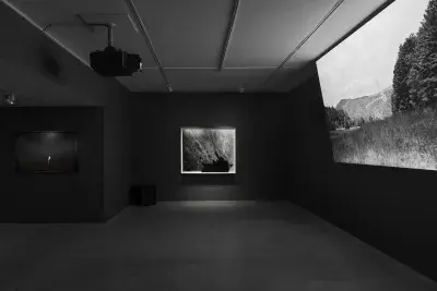 A dimly lit art gallery with three artworks on view. Two black-and-white photographs hang on the back wall, while a black-and-white video piece is projected onto a screen on the right wall.