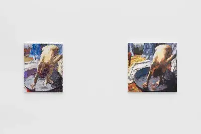 Two paintings showing the same image—a nude woman bending down to scrub a large basin—hang side by side. The painting on the left has looser, less detailed brushwork and fewer colors than the one on the right, as if it was created in “lower resolution.” The right painting is square, while the left one is “cropped” to a portrait aspect ratio.