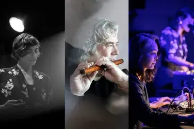 Three photographs side by side each of people part of a musical performance. From left to right: Black and white photo of a woman composer, a man playing a wooden flute, and a woman working a sound booth.
