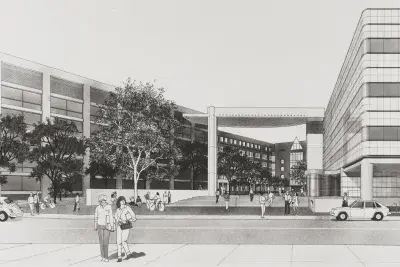 Black and white rendering of a city street. There are two people crossing the street in front of a striped building with a extended awning over the walking pathway.