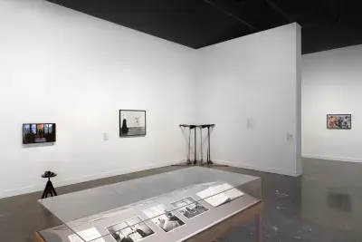 In the foreground, grayscale photographs and an open book occupy a wooden vitrine. The photographs show people in interior spaces, like a man sitting in a kitchen near a stovepipe and a child in a bath near his mother. Other artworks fill the background, including a droopy sculpture, a video monitor depicting a lecture, and a photograph of a procession.