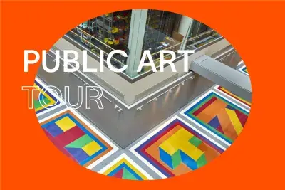 Bright red background with white text that reads "Public Art Tour." In the center, there is an oval image of a colorful geometric patterned floor..