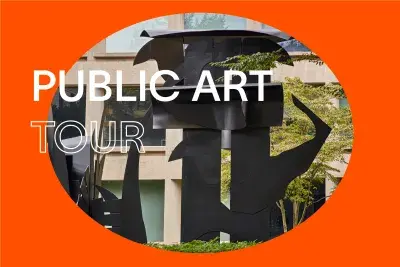 Bright red background with white text that reads "Public Art Tour." In the center, there is an oval image of large steel sculpture in a courtyard with trees and buildings in the background.