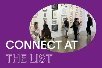 Bright purple background with white text that reads "CONNECT AT THE LIST." In the center, there is a round image of people in conversation standing in a line in front of a white wall covered with framed artworks hung in salon style.