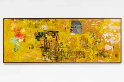 Wide horizontal painting dominated by yellow tones, with loose black gestural marks across the center, a small muted-green rectangular inset near the top, and pale looping curved lines toward the right side.