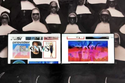 Two digital screens are positioned in front of a dark backdrop featuring multiple black-and-white images of nuns in white habits. The left screen displays a collage of images and text, including 'BLKNWS' and a 'TIME' magazine cover. The right screen shows abstract, colorful patterns with red and blue hues.