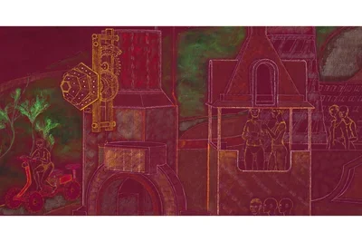 A textured drawing on a maroon background depicts industrial architecture and figures. On the left, a person on a red scooter passes a large dark structure with yellow gears and a geometric object; on the right, a tall building features figures visible through its windows.