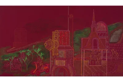 A textured drawing on a maroon background depicts industrial architecture and figures. On the left, a person on a red scooter passes a large dark structure with yellow gears and a geometric object; on the right, a tall building features figures visible through its windows.