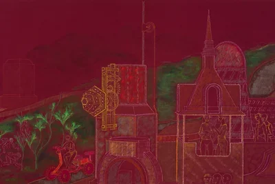 A textured drawing on a maroon background depicts industrial architecture and figures. On the left, a person on a red scooter passes a large dark structure with yellow gears and a geometric object; on the right, a tall building features figures visible through its windows.
