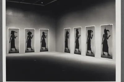 Black and white image of large scale polaroids of figures posed as Egyptian hieroglyphics.