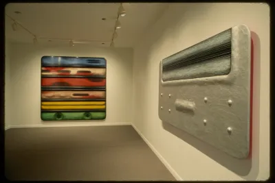 Large silver rectangle with bumps hangs adjacent to square with blue, red, yellow, green, and black horizontal sections.