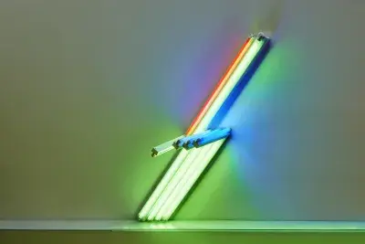 An installation by Dan Flavin consists of parallel LED light beams.