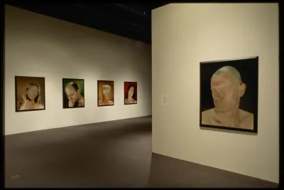 Five photos of nude headshots of people of various ages and genders with no eye or mouth, with different solid color backgrounds. 