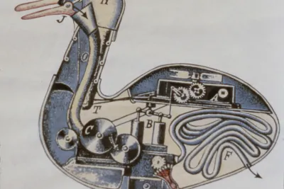 Anatomy of gears, tubes, rods, drawn in blue, cream and black, within the outline of a duck with orange beak and webbed foot