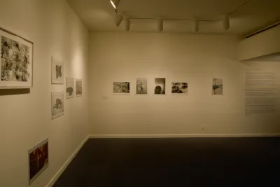 Monochromatic and color photographic prints mounted on 2 walls in a corner of the gallery