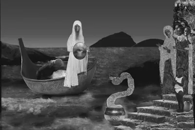 A collage depicts a hooded woman in a boat, a child and women watching from the shore, a large snake rising between them.