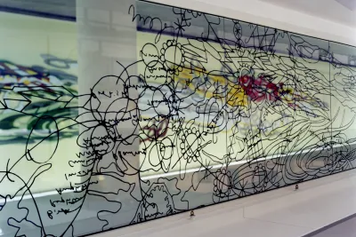 Matthew Ritchie's Games of Chance is displayed on glass.