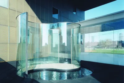 Dan Graham's Yin Yang Pavillion is shown on MIT campus.