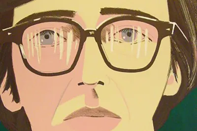 A print of a pale man's face close up, he has thick brown hair, sharp eyebrows, sky blue eyes and glasses with reflection lines.