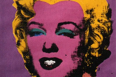 Replication of Warhol's iconic Marilyn Monroe portrait with pink face, gold hair, teal and blue eyes on a purple background.