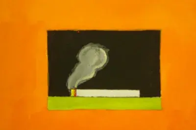 A print of a smoking cigarette flat on a green horizontal stripe and framed in a black rectangle with a bright orange border.