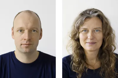 A pair of portrait photos; the artist on the left mimics the pose, facial expression, clothing of the woman on the right.