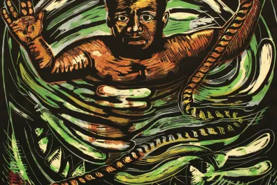 A print of a helpless black man in the water with arms raised being surrounded by the large teeth of a shark's open jaws.