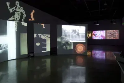 Installation view of Stan VanDerBeek: The Culture Intercom at MIT List Visual Arts Center, 2011.