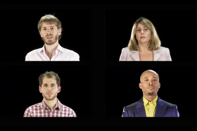 A screen is split into quarters with one headshot of each person in their respective corners.