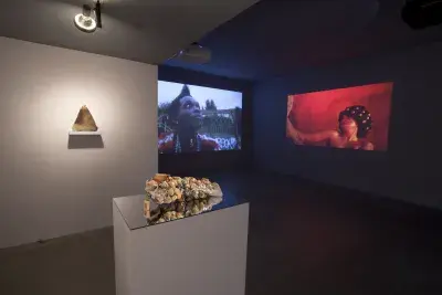 A group of 5 color and black and white drawings in black frames presented on a white gallery wall