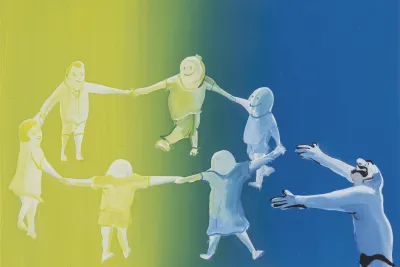 Blue and yellow painting of people dancing in a circle and holding hands.