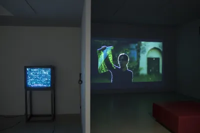 Projected on a wall, a woman ringed by light holds a green filter; in the next gallery, a monitor shows a blue-green pattern.