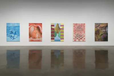 Five paintings by Allison Katz are shown on a gallery wall in a row.