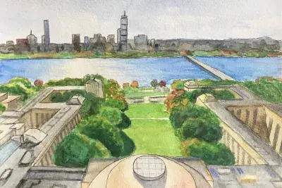 A watercolor painting of MIT's campus.