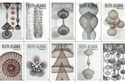 Two rows of Ruth Asawa postage stamp designed by Ethel Kessler and released in 2020.