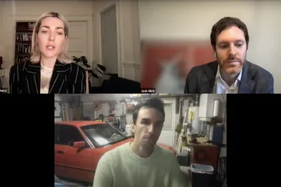 A Zoom screen features Selby Nimrod, Andrew Norman Wilson, and Josh Glick